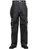 FB County Hard Denim Pants, Black/White, 34x32 - Unisex 14oz Heavy Loose Fit High Waisted Cargo Jeans with Utility Pockets
