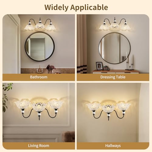 Image of Black Bathroom Vanity Light,3-Light Vanity Light with Crystal Glass Shades,Vintage Farmhouse Vanity Lighting for Bathroom and Dressing Table
