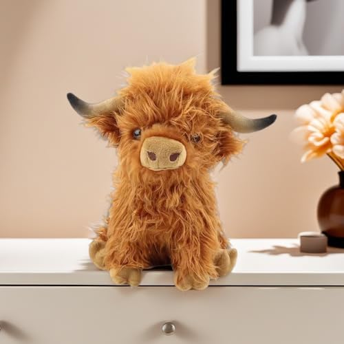 Highland Cow Stuffed Animal,10.5 inches Realistic Cow Plush Toy,Animal Cattle Plush Farm Toy,Farm Plushie Christmas Birthday Present for Boys Girls Kids Grandchildren (Brown) - 4