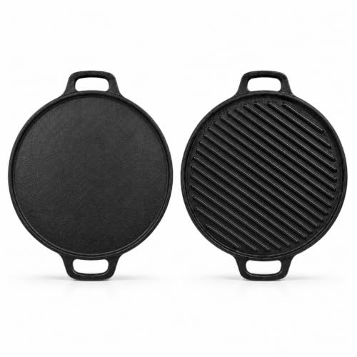 Image of Praylady Cast Iron 2-in-1 Dosa Tawa & Griddle Pan | 30 CM | Pre-Seasoned | Dual Sided Pan for Dosa, Roti, Tofu, Grilling & Searing | No Synthetic Coating | Toxin-Free | Gas & Induction Compatible