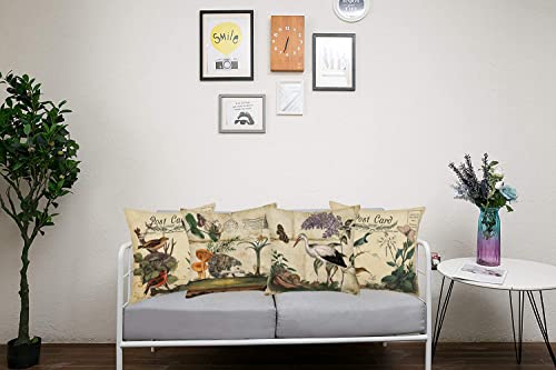 Fukeen Vintage Throw Pillow Covers 18X18 Inch Set Of 4 Birds Nest Hedgehog Heron Butterfly Hydrangea Flower Leaves Plants Pillow Cases Retro Post Card Home Decor Cushion Cover Cotton Linen #TOP3