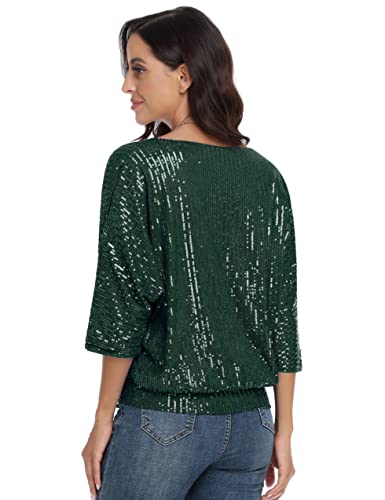 Prettyguide Women's Sequin Tops Shimmer Glitter Loose Cold Shoulder Party Tunic 3/4 Batwing Dolman Dressy Tops Dark Green M #TOP4