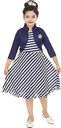 Girls A-Line Knee Length Dress (BLUE_WHITE_STRIPED_Blue & White_2-3 Years)
