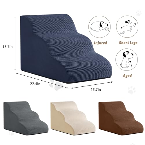Image of Dog Stairs and Steps for Beds Or Couches, 3-Step Pet Stairs & Steps for Small Dogs and Cats, Soft and Non-Slip Dog Ramp for Older Dogs,Pet with Joint Pain,Easy to Walk | 15.7 inch H Non-Slip Sturdy Dog Steps with Curved Ramp for Senior,Short-Legged Dogs,Puppy and Cats to Reach Sofa or Chair,Blue