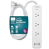 Philips EZFit 3-Outlet Adapter-Spaced Surge Protector, 6ft Braided Cord, Power Strip, Extension Cord with 2 USB-A and 1 USB-C, 490J, White, SPP3863W/37