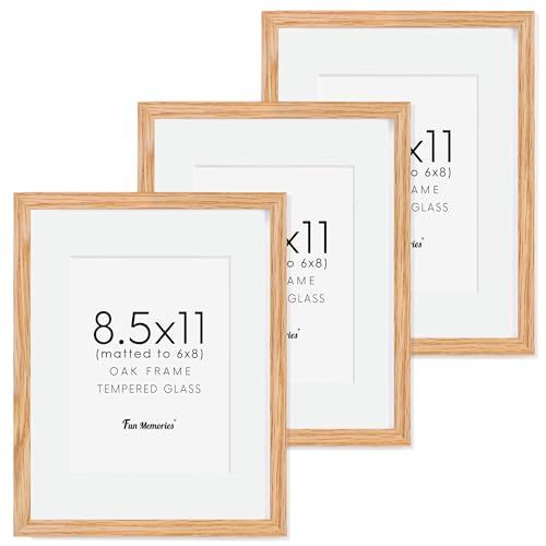 Fun Memories 8.5x11 Picture Frame Set of 3, Solid Oak Wood & Tempered Glass, 8.5 x 11 Frame for Wall, Rustic Wood 8.5 by 11 Frames, 8.5x11 Frame with Mat for 6x8, Natural Oak Color