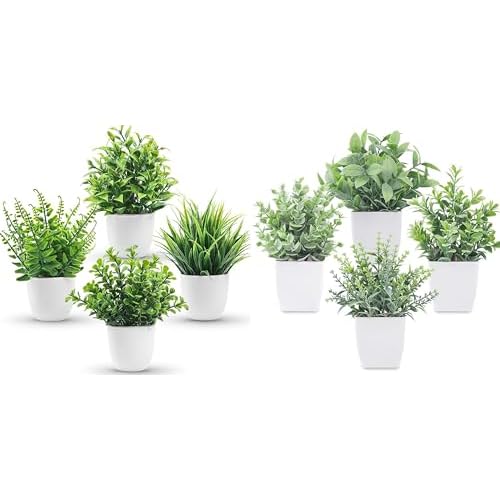 Der Rose Bundle of 4 Packs Fake Plants and 4 Packs Mini Artificial Greenery Potted Plants for Home Decor Indoor Office Table Room Farmhouse