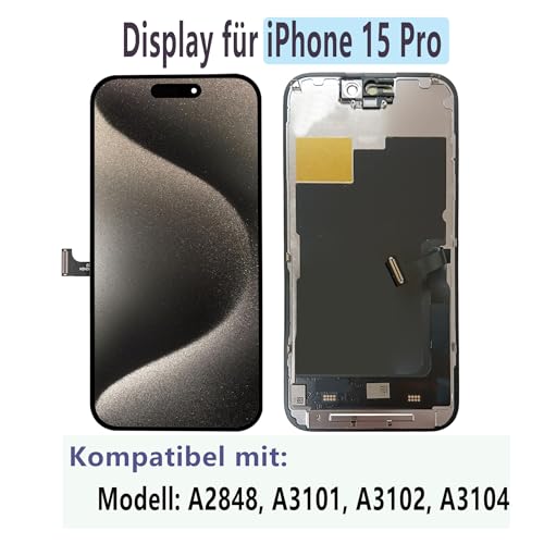 MP+ für iPhone 15 Pro Display Reparaturset, [FHD] LCD Bildschirm Ersatz mit 3D Touch & Vormontiertem Rahmen – inkl. Werkzeug & Kleber – DIY Touchscreen Reparaturkit