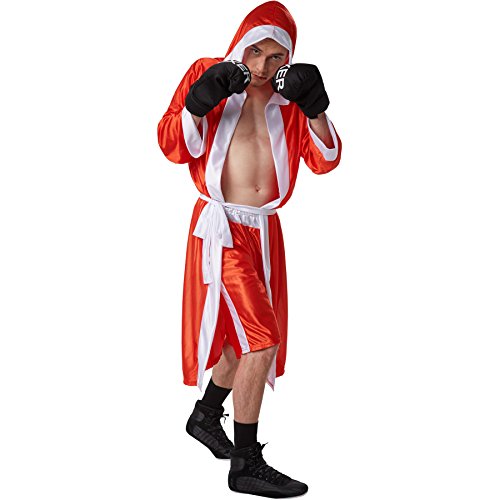 dressforfun Disfraz de boxeador para hombre | Pantalones cortos con cintura elástica | Albornoz de boxeador con capucha | Incl. guantes de boxeo y cinturón (Rojo S | No. 301834)