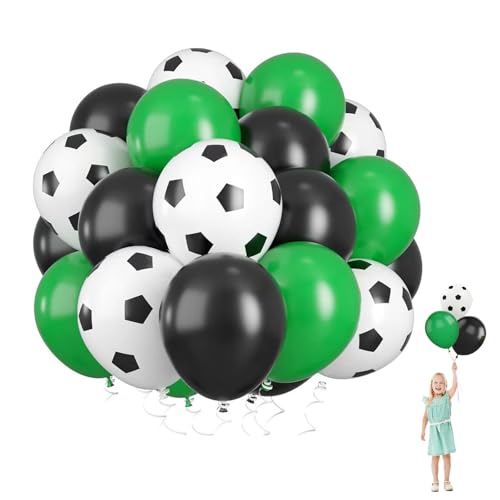 Lot de 60 Ballon Anniversaire Football,12 Pouces Ballon Verts Blancs Noir avec 2Ruban,Ballons Latex pour Enfants Anniversaire Fête d'anniversaire Amoureux du...