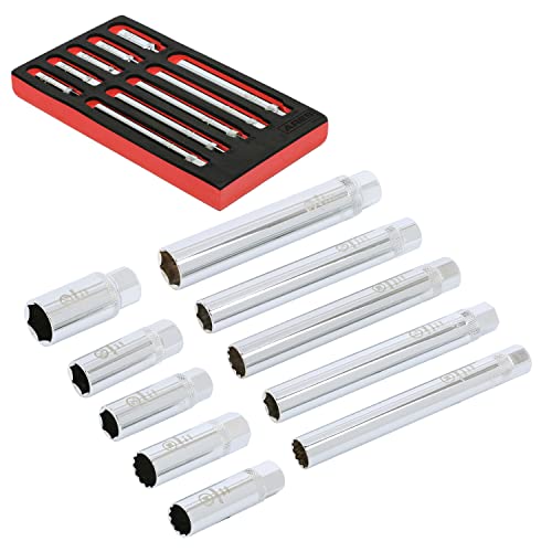 Ares 11033-10-Piece Extra Deep And Standard Length Magnetic Spark Plug Socket Set – 3/8-Inch Drive Spark Plug Sockets - 2.5-Inch And 6-Inch Length 6-Point And 12-Point Sockets – Foam Storage Tray #TOP12