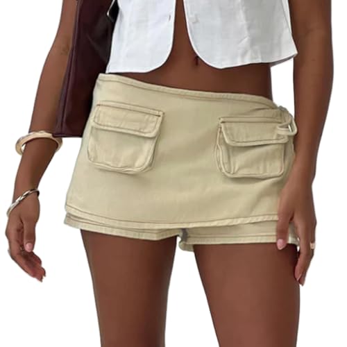 Acrawnni Women Mini Cargo Skirt Y2K Vintage Low Waist Button Mini Denim Short Skirt Slim Fit Solid Color Jean Skirts with Pockets (B-Beige, M)