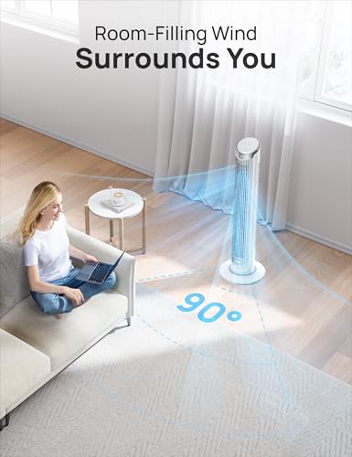 Image of DREO Tower Fan for Bedroom, 90 Oscillating Fans that Blow Cold Air, 5 Speeds, 4 Modes with 26ft /s Velocity, 12H & 28dB Quiet Timer, Remote, Touch, 40 inch Standing Floor Fan for Home Office, Black