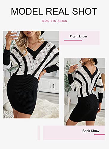 Dokotoo Womens V Neck Color Block Sweater Dress Casual Pullover Long Sleeve Elasticity Bodycon Pullover Sweaters For Women Black Small #TOP1