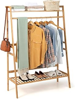 COSTWAY Bamboo Clothes Rail Stand, 4-in-1 Freestanding Coat Garment Rack with Top Shelf, 2 Hooks, Hanging Rod and Shoe Rack, Open Wardrobe Closet Clothing Hanger Storage Organiser for Bedroom Hallway