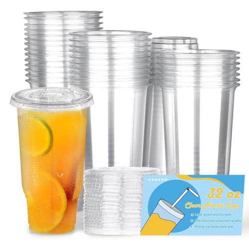 Image of 32 oz 50 Pack Clear Plastic Cups with Lids, Iced Coffee Cups