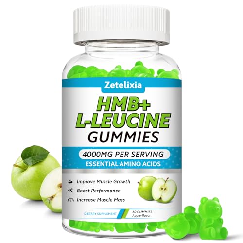 HMB and L-Leucine Gummies, 4000mg HMB and Leucine Supplements Amino Acid Gummies for Men & Women, Support Muscle Growth, Muscle Relief and Workout Recovery, Sugar-Free, Vegan, Apple Flavor, 60 Count
