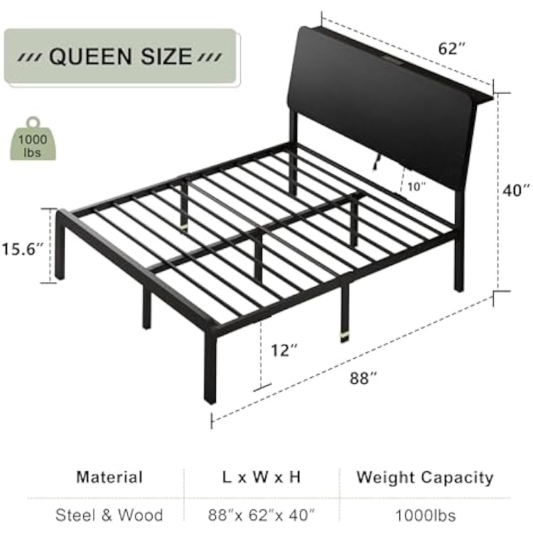 Feonase Queen Bed Frame with Ergonomic Storage Headboard & Charging Station, LED Platform Bed Frame, Heavy Duty Metal Slats, Easy Assembly, Black
