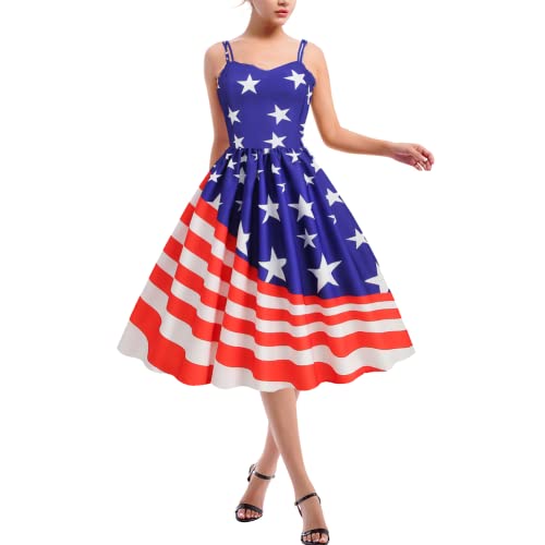 Image of Women Dress American Flag Print Vintage Maxi Dress