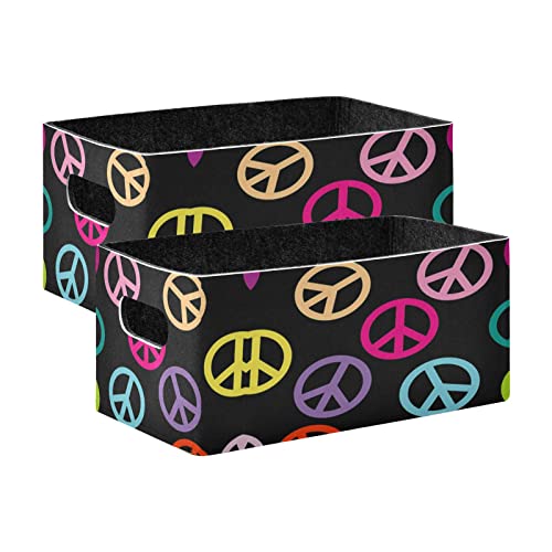 Oyihfvs Colorful Peace Sign 2 PCs Rectangle Foldable Felt Storage Bin, Collapsible Cube with Handles Thick Fabric Box Organizer Clothes Supplies for Home