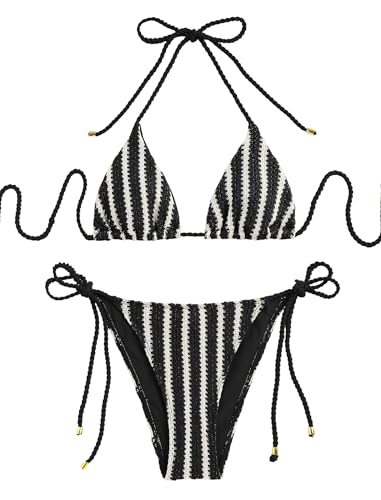 Image of ZAFUL 2 Piece Triangle Bikini for Women Knitted Rope Halter Bikini Sets Sexy Bathing Suit Side Tie Swimsuits Beachwear