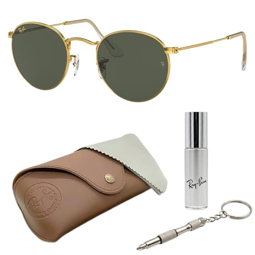 Ray-Ban RB3447 Round Metal Legend Gold Round Shape Non-Polarized Sunglasses for Men Includes Official Rayban Eyewear Kit Ideal Formal & Casual Wear Sunglasess G-15 Green Lens