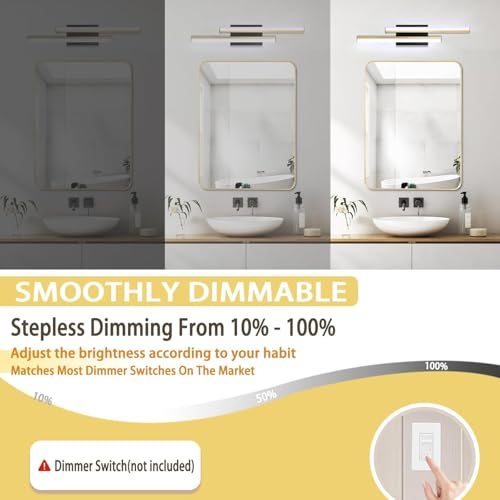 Image of Bathroom Light Fixtures Over Mirror: 24 Inch Modern Retractable LED Bathroom Vanity Light ETL Certified 5700K 25W Vanity Light Bar Dimmable - Wall Light Fixtures, Golden 1 Pack