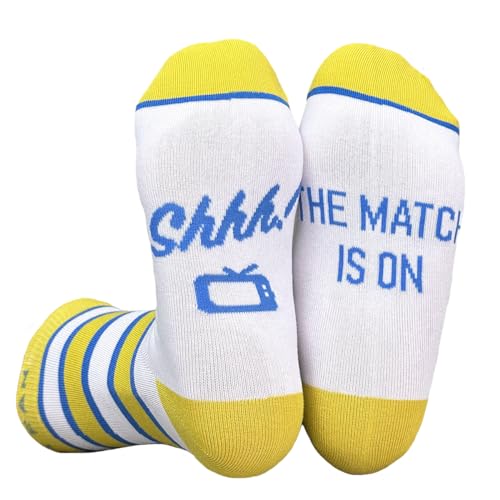 Himozoo Funny Socks for Football Fans Men Women Calf-length Sock Shhh! THE MATCH IS ON Printed Socks Novelty Gifts for Husband Dad Brother Size 6-11 (Yellow white)