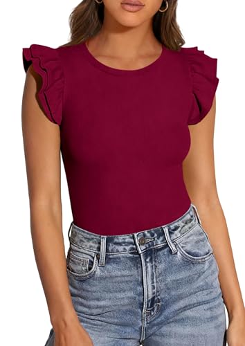 PRETTYGARDEN Womens Summer Crew Neck T Shirts 2026 Trendy Ruffle Sleeve Slim Fit Knit Going Out Tops Casual Spring Clothes (Wine Red,XX-Large) — view 6