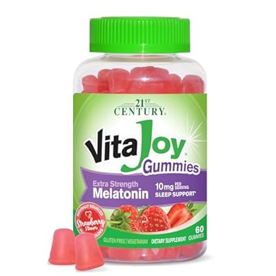 VitaJoy Melatonin Gummies 10 mg Extra Strength Sleep Support Supplement, Strawberry Flavor, Pectin-Based, Vegetarian, Gluten Free, 60 Gummies 30 Servings