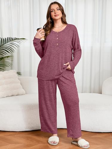 AusLook Plus Size 2 Piece Sets for Women Loose Wide Leg Pant Long Sleeve Top Matching Sets Burgundy 1X Tracksuit Loungewear 2025 Vacation Travel Airport Outfits Going Out Comfy Track Suits — view 4