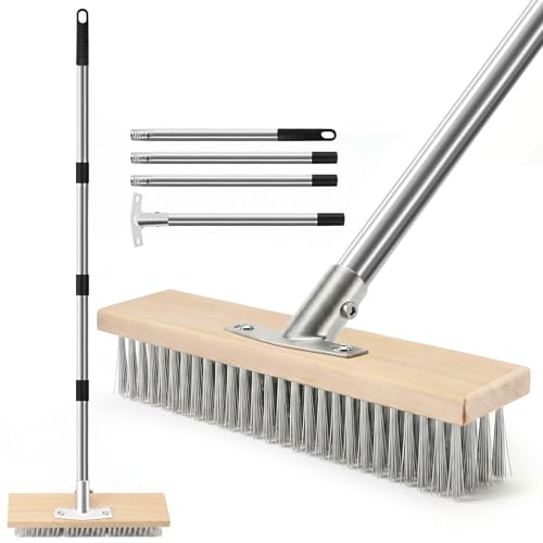 Newthinking Wire Broom Brush Heavy Duty Wire Broom with Long Handle Stiff Metal Bristle Moss Cleaning Brush for Outdoor Patio Deck
