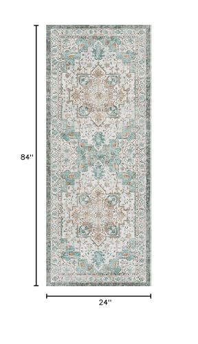 GENIMO 2x7 Runner Rugs for Hallway, Machine Washable Non Slip Vintage Rugs, Low Pile Lightweight Soft Print Rug for enrtyway, Corridor, Home Office, Kitchen, Cyan