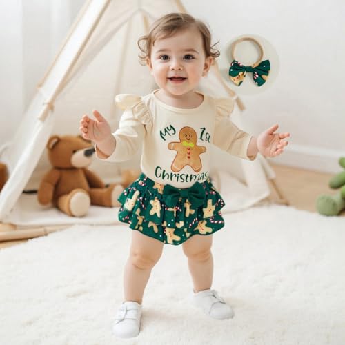 My First Christmas Baby Girl Outfit Long Sleeve Santa/Gingerbread Newborn Infant Romper Skirts Headband Socks Sets2