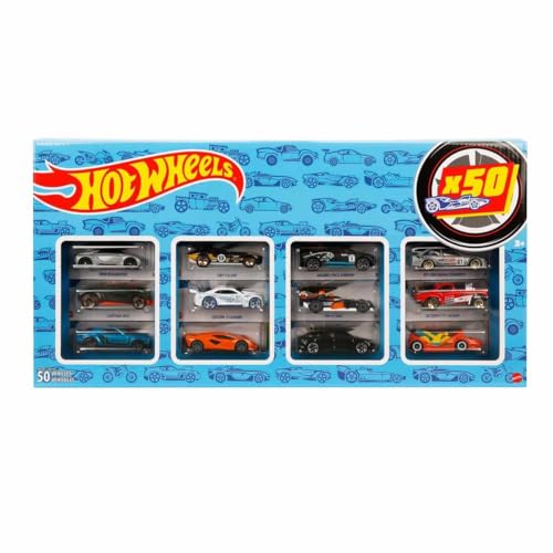 Hot Wheels - Set Esclusivo Da 50 Macchinine, Mega Confezione Firmata Collezione, Ogni Veicolo Imbustato Singolarmente E Con Decorazioni Autentiche, Gi