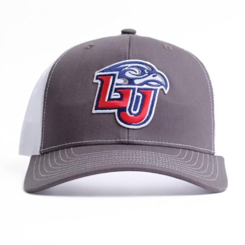 Liberty Hat LU Flames NCAA Collegiate Embroidered Patch Charcoal and White Mesh Trucker Hat with Adjustable Snapback Closure Baseball Cap (Liberty University)