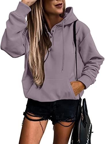 SHEWIN Womens Sweatshirts 2023 Casual Long Sleeve Button Fleece Hooded Pullover Sweatshirt Lightweight Cute Fall Tops Outfits Loose Hoodies for Women,US 12-14(L),Purple