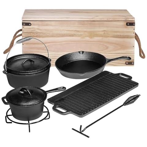Bruntmor Camping Cooking Set Of 7. Pre Seasoned Cast Iron Pots And Pans Dutch Oven With Lids For Outdoor Comefire. Grill Cookware Skillet Sets With Storage Box Cover