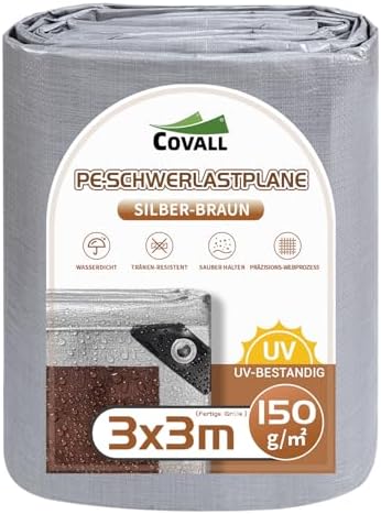 COVALL Abdeckplane 3x3m 150g/m²Schwerlastplane mit Ösen wasserdicht | Silber/Braun Plane, UV-beständig, allwetterfest Universalplane, Gartenmöbel, Pool, Holz, Camping, Bau