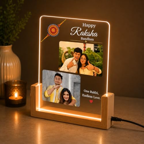 Image of Personalized Raksha Bandhan Acrylic LED Lamp with Custom Photo (Design 2) | Night Light, Brother Sister, Free Rakhi Included, Custom Photo