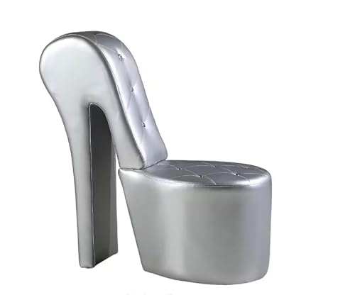 First of a Kind 19" Modern Shoe Chair - Crystal Studded Faux Leather High Heel Chair with Medium Firm Comfort - Luxurious Decor Addition for Bedroom, Living Room & Studio, (Silver)