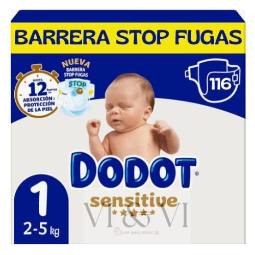 Dodot Sensitive Talla 1 (2-5 kg) Caja 116 Pañales | Protección Suave para Recién Nacido | Máxima Absorción y Cuidado del Bebé