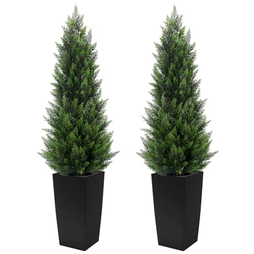 5FT Tall 2 Pack Artificial Cedar Topiary Trees with Compact Pyramidal Shape Realistic Faux Cypress in Square Black Pot with Fillable Water Bag Outdoor Evergreen for Front Porch Garden Home Decor