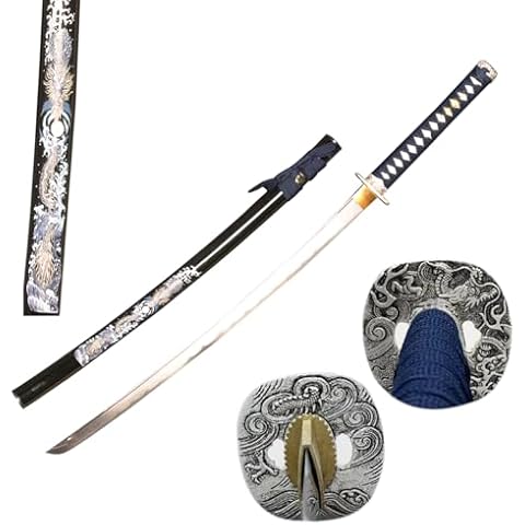 IUWEN Full Handmade Sharp Sword，Cloud Patterned Hand Guard Tsuba, Black Dragon Pattern Printed Plastic Sheath, 1045 Steel Sharp Screw Tail Cover