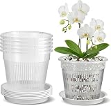 5 Stück Orchideentopf Transparent, 14cm Pflanztopf Durchsichtig, Orchideentöpfe mit Tabletts mit Ablauflöchern, Atmungsaktiv Kunststoff Blumentöpfe, für Orchideen-Umtopf-Set,für Wurzelwachstum