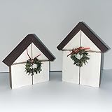 JINGTOPS Decorazione Natalizia in Legno Gnomo Casa Bianca,2 Pezzi Casette Natalizie Gnomo Casa in Legno per Decorazione Villaggio Natalizio, Casetta Natalizia con Ghirlanda Natalizia