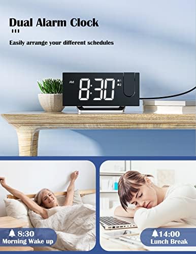 Alarm Clock Radio, Digital Clock with 0-100% Dimmer and Projection on Ceiling, Large Display, Dual Alarms, USB Charger, 5 Alarm Sounds and Adjustable Volume, Digital Alarm Clock for Bedroom, Snooze