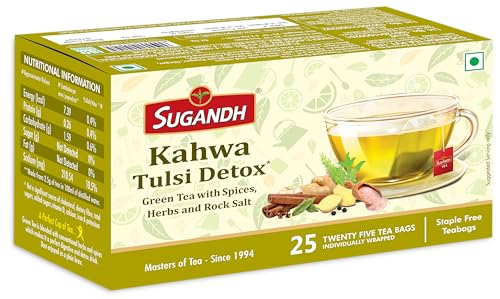 Image of Sugandh Kahwa Tulsi Detox Green Tea | With Ginger, Spices, Herbs & Rock Salt | Refreshing & Aromatic Wellness Blend | 100% Natural Ingredients | 25 Bags x 2.5g