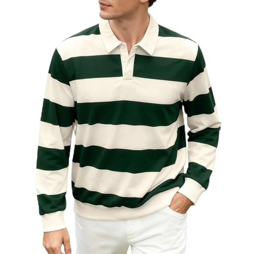 Mens Striped Polo Sweatshirt Long Sleeve Rugby T-Shirt Fashion Fall Color Block Pullover Tops Collared Preppy Shirt Green