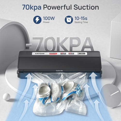 Vacuum Sealer Machine for Food Saver, 70kpa Powerful Suction Compact 7-in-1 Automatic Food Sealer for Sous Vide & Food Storage, Dry/Moist/Strong/Gentle Mode, Removable Drip Tray | 2 Bag Rolls, Black by CATCAB - Used condition - Image 2